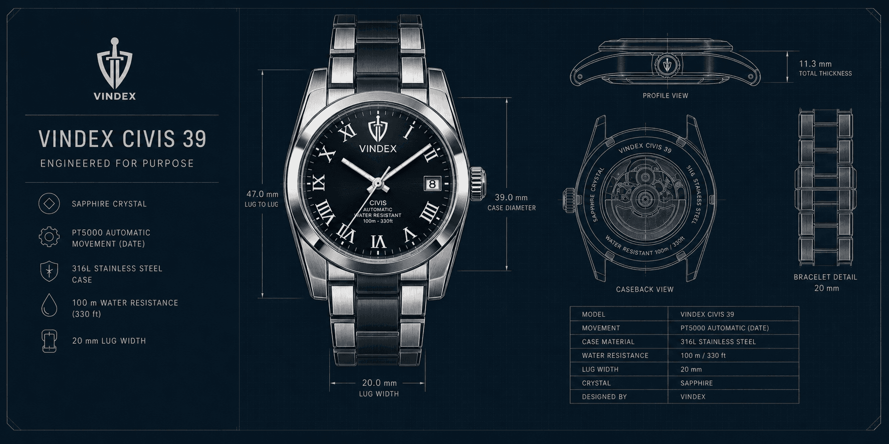 Plano técnico del Vindex Civis 39 — vistas frontal, de perfil y trasera, detalle del brazalete y especificaciones