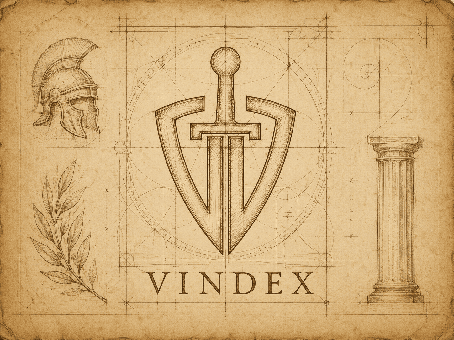 Lámina de construcción del escudo Vindex: el blasón con espada y la V integrada, con un casco de legionario, una columna y un laurel, sobre pergamino.