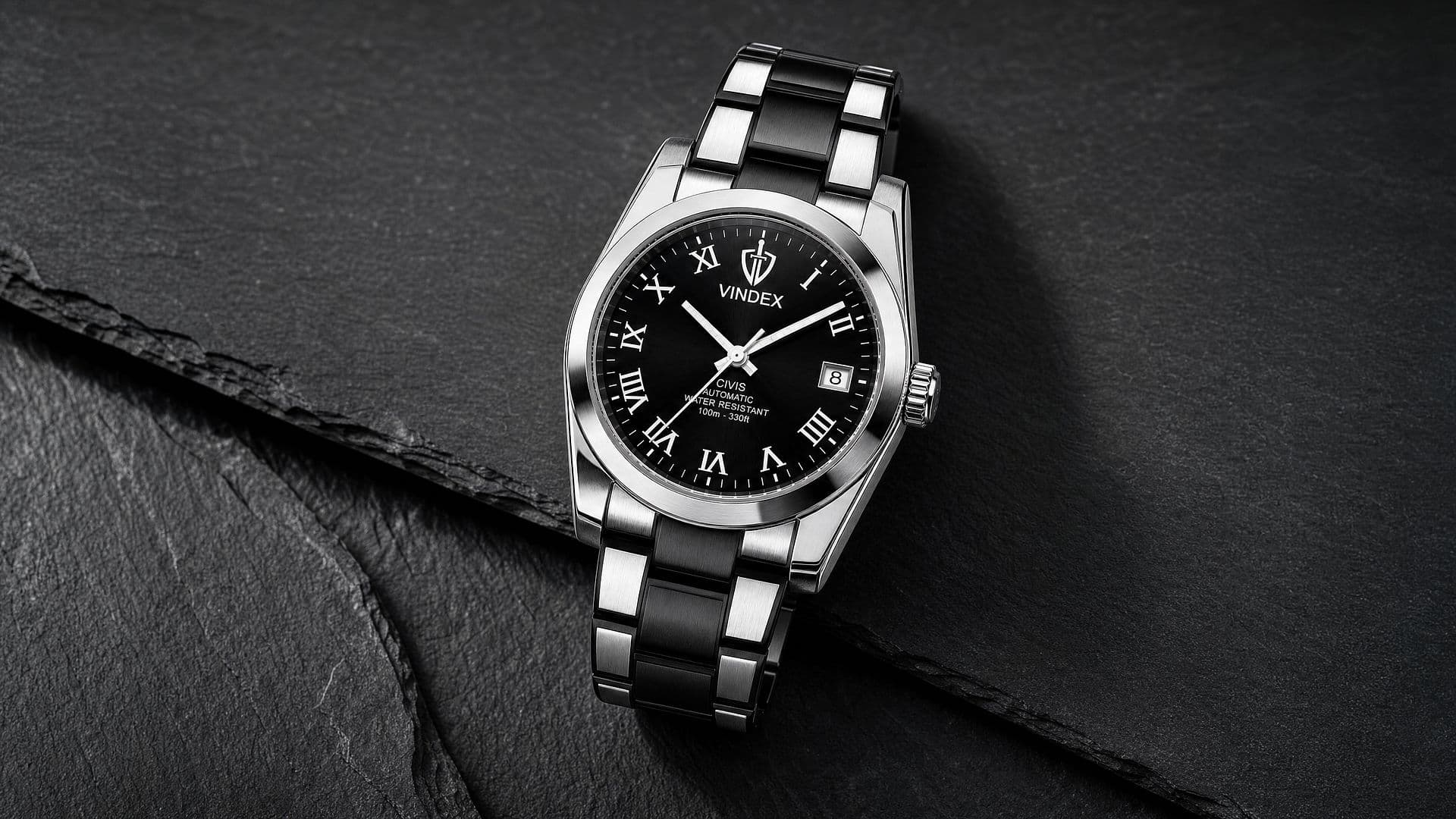 Vindex Civis, front view: black dial, steel case and two-tone steel bracelet